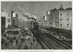 Dvojkolejná dráha Airline Railway na Seventh Avenue, New York, New York. Edouard de Laveleye, v letech 1878-1879, publikovaný v Tour du monde, pod vedením Edouarda Chartona (1807-1890)
