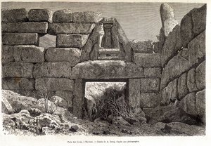 Brána lvů v Mykénách - kresba A. Deroye, v „Round the World““ 1877 2. semestr