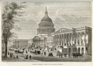 Kapitol, sídlo zákonodárného sboru, postavený v letech 1793 až 1830 ve Washingtonu (District of Columbia), hlavním městě Spojených států. Rytina podle kresby A.Deroye, k ilustraci příběhu La conquete blanche, od Williama Hepwortha Dixona, v roce 1875, str.