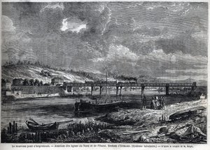 Nový most má Argenteuil. Spojení severní a západní tratě. Ermontova sekce (trubkový systém). Rytina podle skici od Ralpha v „“ Le Monde illustrious“, 29. 8. 1863. Soukromá sbírka. od Auguste Victor Deroy
