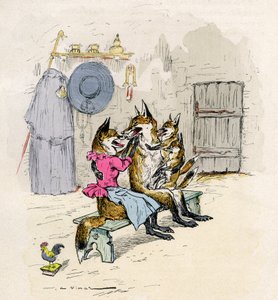 Ilustrace A. Vimara pro Novel de Renart (román o lišce), edice Henri Laurens 19. století - liška Goupil a Hermeline, jeho žena, domov, s dětmi lišky -