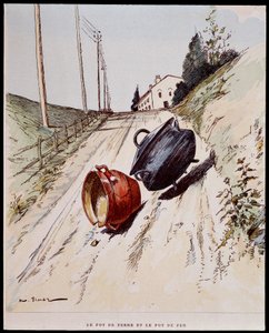 Hliněný hrnec a železný hrnec - v „“Les Fables de La Fontaine“, nemocný. od Auguste Vimara (1851-1916), Tours, v A, Mame & Son