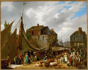 Nalodění hospodářských zvířat na loď " Le Passager " v přístavu Honfleur, Francie ...