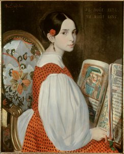Portrét Leopoldiny Hugo (1824-1843) v knize Heures dne 28. 8. 1835 Portrét dcery Victora Huga v den jeho prvního přijímání. Obraz Augusta de Chatillona (1813-1881) 1835 Ne. 0,73x0,6m. Paříž, Maison Victor Hugo