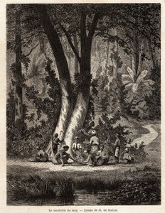 Sběr Syri neboli betel, jehož vápnem potažený plech je nezbytný pro výrobu místního Chic. Kresba M. de Molins pro ilustraci jeho cesty na Jávu od Auguste de Molins