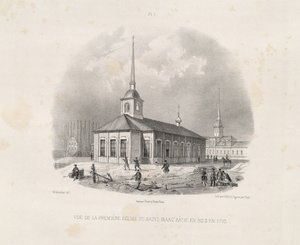Pohled na první první kostel sv. Izáka v roce 1710 Od: Stavba katedrály svatého Izáka, 1845