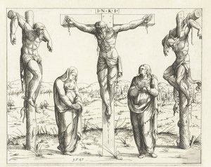 Kristus na kříži a Marie a Jan Ukřižování Shoda Starého a Nového zákona (název série) Concordants alt und news Testaments (název série) od Augustin Hirschvogel