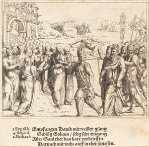 David je vítán po zabití Goliáše a Saulově žárlivosti, 1547. od Augustin Hirschvogel