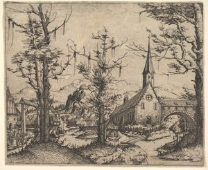Krajina se čtyřmi stromy a kostelem vpravo, 1545. od Augustin Hirschvogel