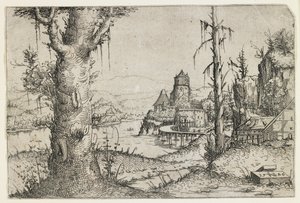 Velký strom a hrad na jezeře od Augustin Hirschvogel