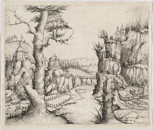 Říční krajina s vysokými útesy, 1546. od Augustin Hirschvogel