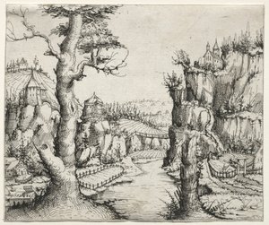 Říční krajina se skalami vlevo a vpravo, 1546. od Augustin Hirschvogel