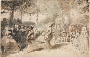 Kostýmovaní tanečníci vystupující v zahradní krčmě, 1756. od Augustin de Saint Aubin