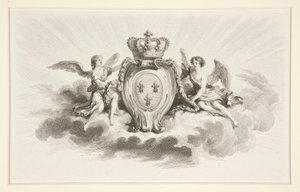 Královský erb s Fleurs de Lis lemovaný anděly, reprodukce z 19. století od Augustin de Saint Aubin