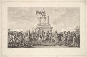 Inaugurace sochy Ludvíka XV., Viněta na straně 1, z Description des Trava..., 1766. od Augustin de Saint Aubin