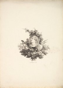 Viněta s hlavou Bakcha na Cornelianu, Tome I, strana 242, z Description de..., 1778-80. od Augustin de Saint Aubin