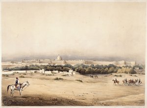 Sir Charles Napier v popředí následovaný svým doprovodem koně Scinde, Hyderabad, kolem roku 1850 (barva litho) od Augustine Fitzgerald