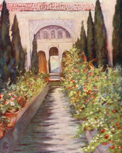 Kanál v zahradě Generalife, Granada (barevná litografie)