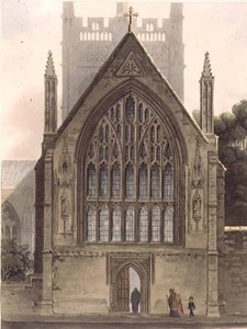 Exteriér Merton College, obrácený k severnímu oknu Ante kaple, ilustrace z 