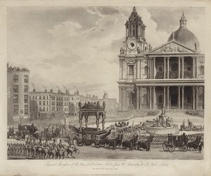 Smuteční průvod admirála Lorda Nelsona z admirality do katedrály svatého Pavla, City of London 9. ledna 1806 (rytina)