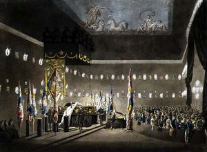 Pozůstatky lorda vikomta Nelsona ležící ve stavu v malované komoře v nemocnici Greenwich, vyryl J. Merigot, pub. 1806 (barevné rytí) od Augustus Charles (after) Pugin
