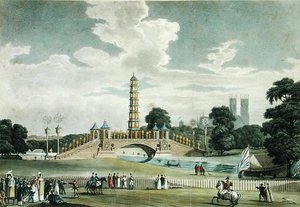 Pohled na most a pagodu v parku svatého Jakuba, postavený k velkému jubileu na oslavu míru, vyryl J. R. Hamble od Augustus Charles (after) Pugin