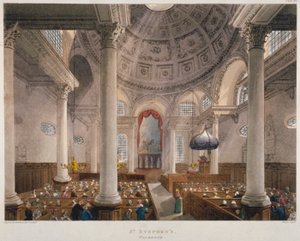 Interiér kostela svatého Stephena Walbrooka během bohoslužby, City of London, 1809