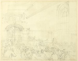 Studie pro Guild Hall, Zkouška bankrotu před jeho věřiteli, z mikrokosmu Londýna od Augustus Charles Pugin