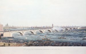 Otevření mostu Waterloo 18. června 1817, lept A. Pugin podle kresby W. Findlatera, vyryl R. Havell und Son, 1818 (barevná rytina) od Augustus Charles Pugin