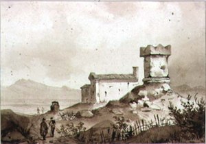 Italská krajina se starověkým římským sarkofágem (kresba)