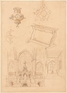 Návrhy gotické výzdoby, klekátka a dvou náčrtů interiérů gotických kostelů od Augustus Welby Northmore Pugin