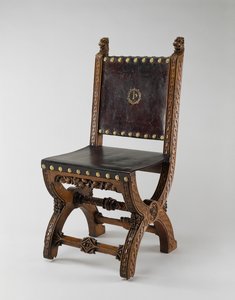 Židle X-Frame, vyrobená Johnem Webbem, kolem roku 1847 (dub, kůže a mosaz)
