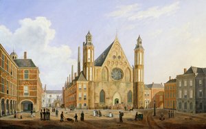 Binnenhof v Haagu s výhledem na Ridderzaal s vojáky a dalšími postavami na nádvoří od Augustus Wynantz