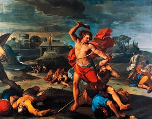 Samson zabíjející Filištíny, obraz od Aureliana Milaniho (1675-1749), olej na plátně, 225x290 cm, Itálie