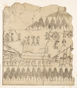 Asyřané pohybující okřídleného býka na saních (Kouyunjik), z Monuments of Niniveh, hospoda. 1849 (rytina) od Austen Henry Layard