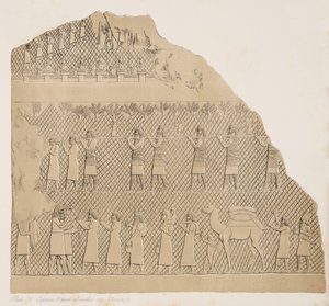 Ilustrace zajatců a části opevněného města (Kouyunjik) z Monuments of Ninive, 1858 od Austen Henry Layard