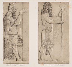 Rybí bůh (Nimroud) a postava u vchodu (Kouyunjik), z Monuments of Ninive, hospoda. 1849