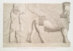 Býk s lidskou hlavou a okřídlená postava z brány ve zdi obklopující Kouyunjik [Quyunjik], 1853