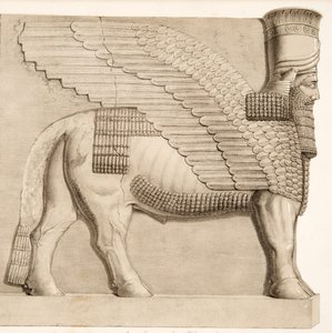 Býk s lidskou hlavou a okřídlená postava z brány ve zdi obklopující Kouyunjik, z hospody Monuments of Niniveh. 1849