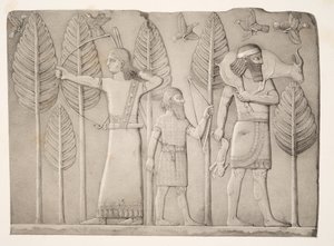 Lovci s gazelou, zajícem a ptáky (Khorsabad), z Monuments of Ninive, hospoda. 1849 od Austen Henry Layard