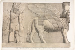 Monuments of Ninevah: Talíř 3, Býk s lidskou hlavou a okřídlená postava..., 1853.
