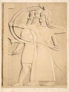 Dva lučištníci a štítonoš, z Monuments of Ninive, hospoda. 1849