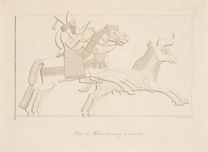 Válečník pronásleduje divokého býka, hospoda Monuments of Niniveh. 1849 od Austen Henry Layard