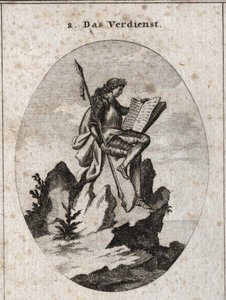 Allegorie du merite představuje na vrcholu skály se zbraněmi a knihou, která ji symbolizuje jako výsledek jeho prací a studií. Rytí do "" ikonologie nebo myšlenek z oblasti pašijí a alegorií vyobrazených pro kresbu od Austrian School