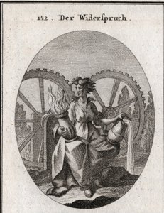 Alegorie oznámení. Jeho oblek je rozdělen na polovinu. Drží nádobu s vodou a nádobu ohně. Dvě kola se zuby se pohybují v opačných směrech. Rytina v "" ikonologii nebo myšlenky z oblasti pašijí a alegorií obrazově znázorněny od Austrian School