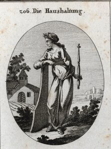 Alegorie ekonomie. Je korunován olivovou ratolestí symbolizující mír. Opírá se o kormidlo a drží žezlo a kompas, emblémy moci a přesné vlády. Rytina v „“ Iconologie oder Ideen aus dem Gebiete der Leidenschaften und Allego od Austrian School