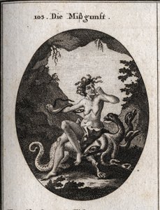 Alegorie závisti v podobě velmi ošklivé stařeny. Ve vzteku se kousne do pěsti a had se jí snaží ukousnout srdce. Sedí na hydra, monstrum vypadá jako ona. Rytina v „“ Iconologie oder Ideen aus dem Gebiete der Leidenschaften und Alleg od Austrian School