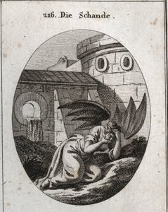 Alegorie hanby zakrývající obličej rukama a jejími atributy jsou dvě velká černá křídla netopýra (netopýra). Rytí do "" ikonologie nebo myšlenek z oblasti pašijí a alegorií zobrazovaných pro kreslíře, malíře, básníky, učence, od Austrian School