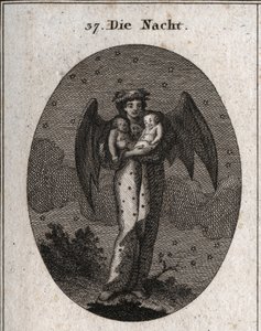 Alegorie noci reprezentovaná netopýřími křídly (netopýr). Drží dvě děti spící, jedno bílé a druhé černé (sen a noční můra). Rytí do "" ikonologie nebo myšlenek z oblasti pašijí a alegorií vyobrazených pro kreslíře od Austrian School