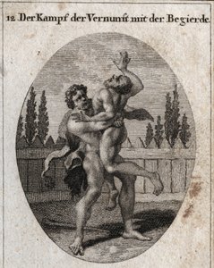 Alegorie boje rozumu a chuti k jídlu. Pozemský a tělesný apetit zobrazuje Ante a Herkules (Hérakles) symbolizuje rozum, sílu a odvahu, která Anteho odnímá a dusí. Rytina v „“ Iconologie oder Ideen aus dem Gebiete der Le od Austrian School
